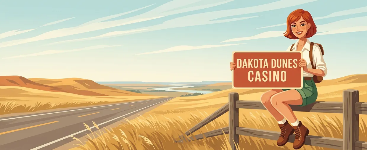 Illustration: a young woman with a red bob sits on a wooden fence beside a prairie highway, holding a sign that reads Dakota Dunes Casino; grassland, sand hills and a river valley stretch behind her.