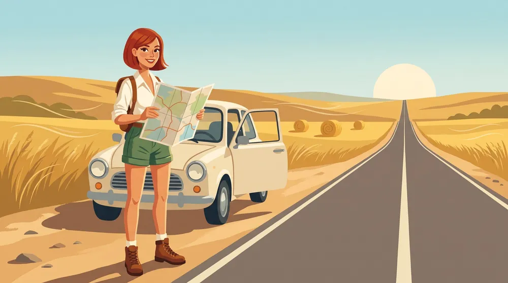 Illustration: a young woman reads a paper road map beside a small cream car on a straight prairie highway with hay bales.