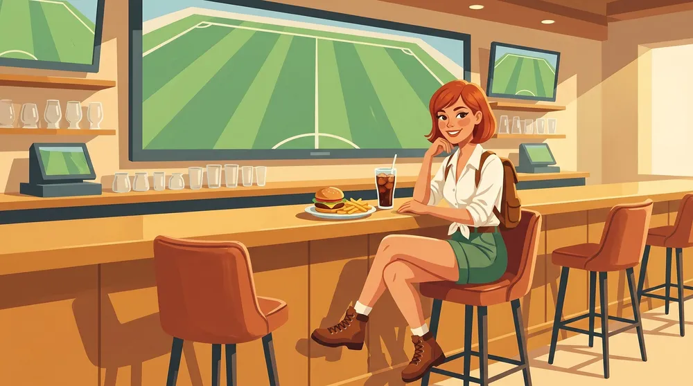 Illustration: a young woman sits at a sports bar counter with a burger and a soda; wide screens behind her show a green playing field.